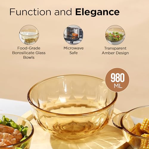 Image of The Better Home Set of 4 Borosilicate Glass Bowls | 980 ml Each | Microwave Safe | Scratch Resistant | Serving & Mixing Bowls for Kitchen | Round | Transparent | Amber