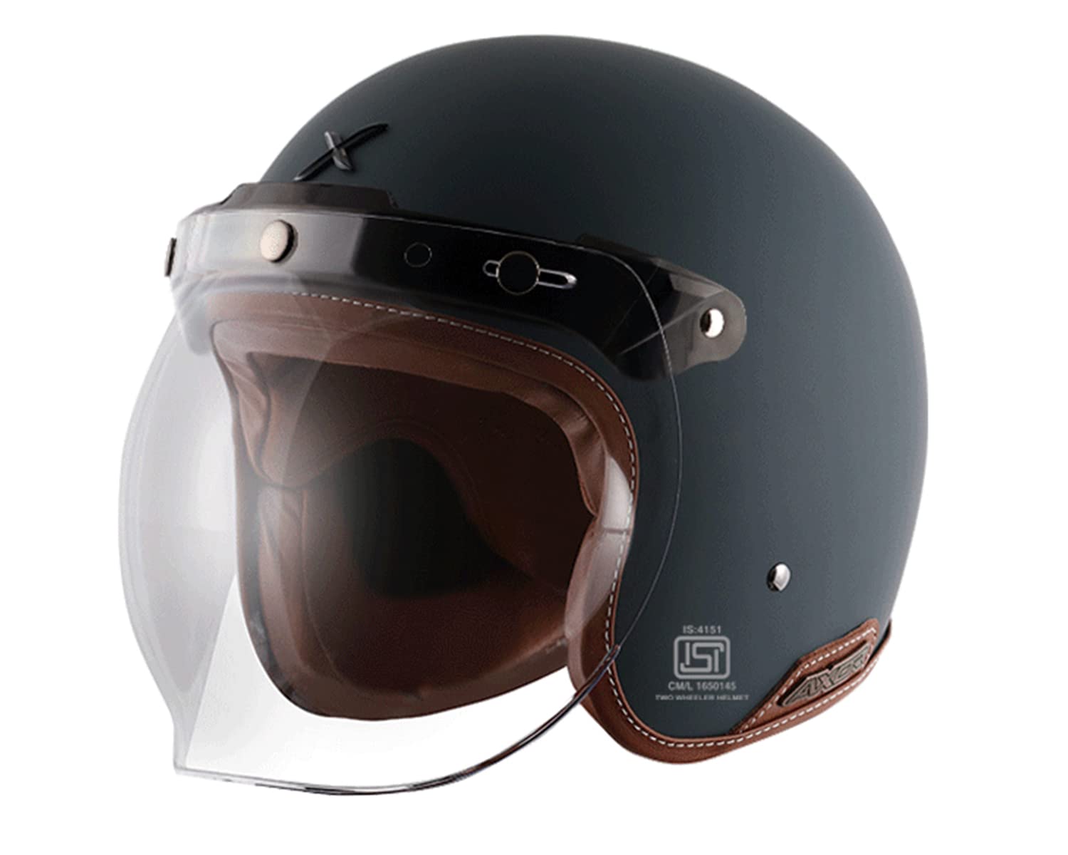 Axor Retro Jet Leather ISI Dot Certified Lightweight Open Face Helmet for Men and Women with Clear Bubble Visor Dull Slate(L)-picture-18