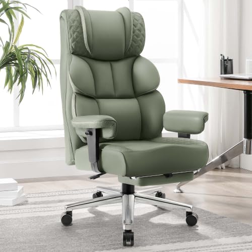 Image of BestGlory Office Desk Chair, Big and Tall Leather Gaming Chair with Footrest, Wide Ergonomic Comfy Executive High-Back Reclining Computer Chairs, Swivel Rolling Wheels and Padded Lumbar Support, Green