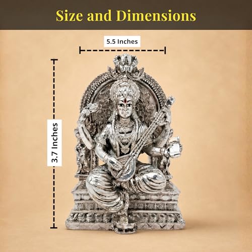 Image of Premium Silver-Plated Saraswati Idol | Saraswati maa Idol for Home Temple | Pooja Room | Study Table | Office Decor | Saraswati maa Murti for Diwali | 3.7 inch