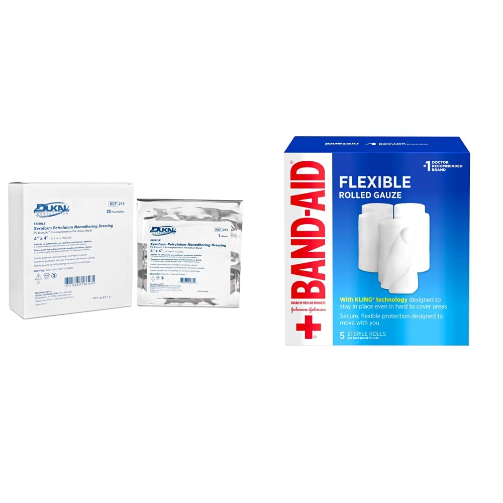 Dukal 215 Alba Xeroform Petrolatum Gauze, Sterile, 4 x 4 Inch (Pack of 25) & Band-Aid Brand of First Aid Products Flexible Rolled Gauze Dressing, Value Pack 5 ct