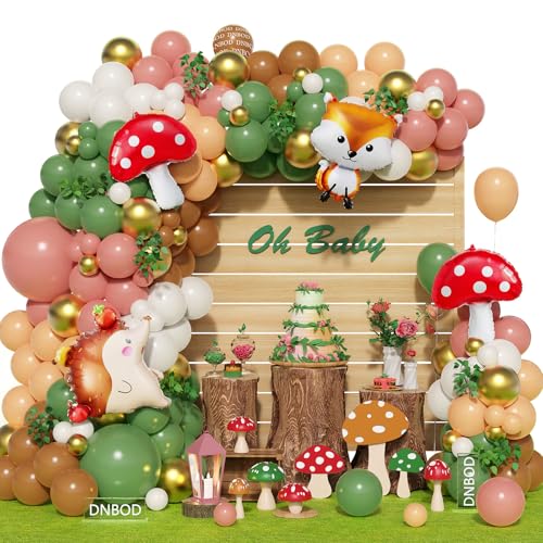 Image of 158Pcs Sage Green Pink Gold Woodland Balloon Garland Arch Kit,with Mushroom,Fox,Hedgehog Foil Balloons for Forest Fairy Wild Animal Theme Baby Shower Birthday Spring Garden Tea Party Decorations