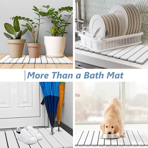 Image of AWW Foldable Stone Bath Mat, Diatomaceous, 31.5 inchx15.7 inch, White | Quick-dry surface, super absorbent, easy-clean finish, non-slip mat included, and compact storage for small bathrooms