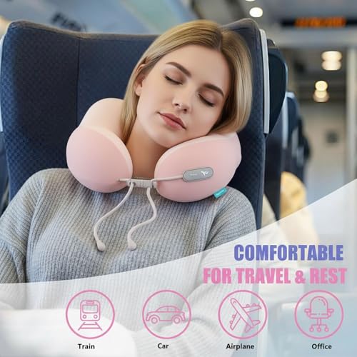 Image of Travel Pillow with Cool Material,Neck Pillow for Traveling 100% Pure Memory Foam,Travel Neck Pillow with Hard Case, Airplane Pillow for Traveling,Travel Essentials (Pink)