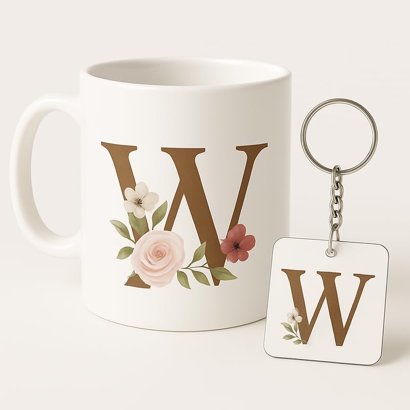 Image of Letter W Mug and Keychain Set - Elegant Floral Monogram Gift for Her /Him - Coffee Cup and Key Ring with Initial W - Coffee Mug for Everyone Any Occasion 4646 23