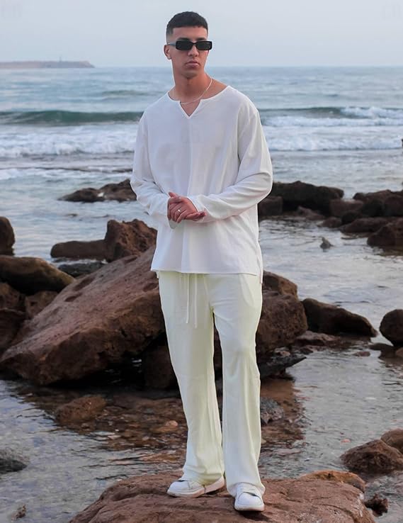 Image of CB-COLEBROOK Mens Casual Linen | Elastic Waist | Drawstring Summer Beach Yoga Linen Trouser | Loose Fit Pyjama Pants for Man