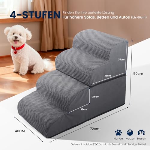 Mora Pets Hundetreppe, Haustiertreppe für Bett und Sofa Hunde Treppe 4 Stufen & teilbar (1 Treppe = 2 Lösungen) rutschfeste, waschbarer Bezug, Hunderampe aus Schwamm