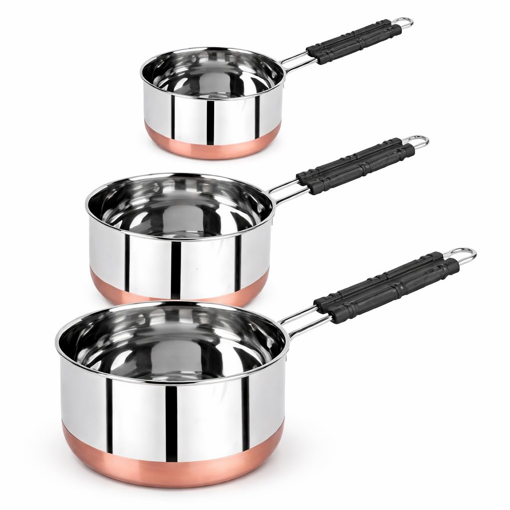 Stainless Steel Copper Base Saucepan Set of 3 | Milk Pan & Tea Pan for Gas & Induction | Heavy Bottom Steel Cookware | MAMUKSHA