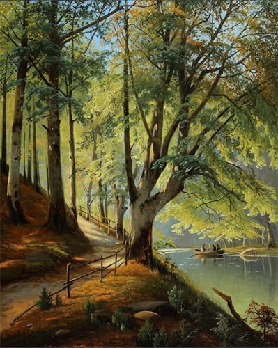 Peinture paysage forestier avec barque Siegfried Hass tableau 60x90