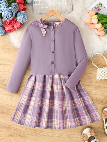 Image of PureChapter Girls' Preppy Clothes Plaid Vest Dress Cardigan Jacket Belt Cute Kids Clothes 7-14Y Green