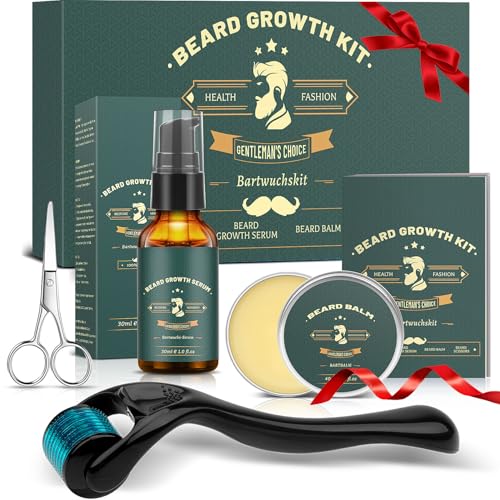 Beard Growth Kit, KHOLEZ Bartpflege Set für Männer - Vatertagsgeschenk für Papa & Geschenke für Männer - Dermaroller Bartwuchsmittel Männer mit Bartroller 0,25mm, Bartöl, Bartbalsam, Bartschere