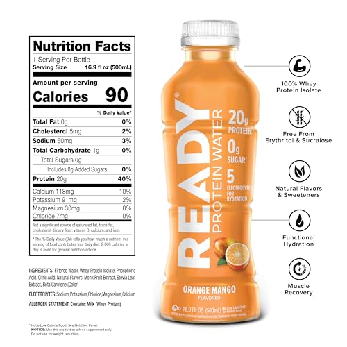 Image of Ready Cleat Protein Water, Orange Mango, 20g Whey Protein Isolate, 12 Pack | 0 sugar, Low-calorie sports drink with electrolytes & essential amino acids for hydration & recovery; 16.9 fl oz