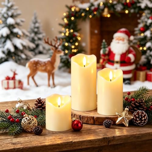 Image of VIEWELLD Flickering Flameless Candles with Remote and Timer, Realistic LED Candles, Battery Operated Candles for Christmas Home Wedding Birthday Decoration, Real Wax Set of 3(Ivory White)