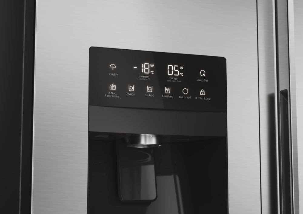 Haier SBS 90 SERIE 5 HSR5918DIMP Kühl-Gefrierkombination / Edelstahl-Front / Wasser- und Eiswürfelspender / Festwasseranschluß / Multi Airflow /Total No Frost / Sparsam: Energieeffizienzklasse D | Klasse D, Inverter-Motor, Multi Air Flow, Wasser- und Eiss