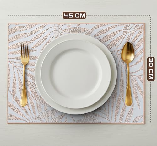 Image of Yellow Weaves 6 Pcs PVC Table Placemats, Dining Table Mat, Stain Resistant, Anti-Skid, Waterproof, Washable, Dining, Kitchen, Restaurant Table Set Easy to Clean, Durable (Fern Leaf Rose Gold)