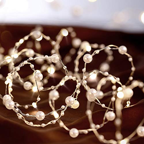 Ocean Pearl Beads String Lights, 10 ft 40 LED Lights Battery Powered with 8 Flicker Modes, Remote and Timer for Wedding, - Detailed View