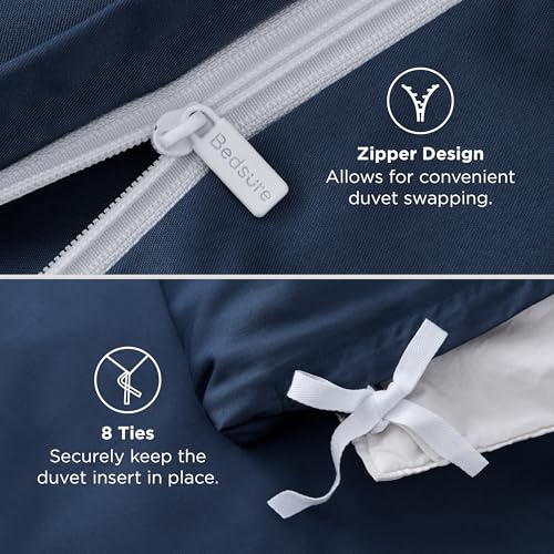 Bedsure Silky Cooling Duvet Cover Queen Size - 100% Rayon Derived from Bamboo Comforter Cover Set for Hot Sleepers, Breathable & Moisture-Wicking Bedding Set, Navy