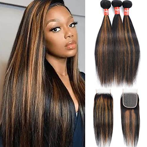 Haha Brown Highlight Bundles with 4x4 Closure Brazilian Human Hair Ombre Bundles with Closure Straight 10A Remy Virgin Hair Weave Colored Fb30 Balayage 18 20 22+16 Free Part
