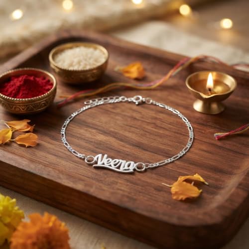 Image of Parnika 925 Pure 92.5 Sterling Silver Bro Floral Mor Pankh Flute Evil Eye Veera Shankh Rakhi Bracelet for Brother | Hallmarked Silver Raksha Bandhan Rakhi | Premium Adjustable Rakhi Gift