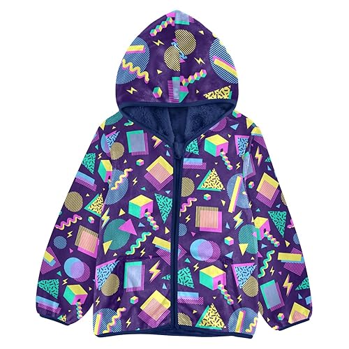 Retro 80s 90s Memphis Boys Fleece Hoody Jacket Zip Up Coat Warm Fall Winter Plush Jacket Long Sleeve Outerwear