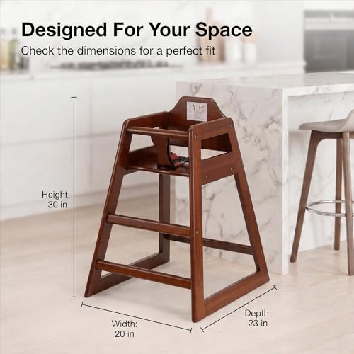 Image of Mahogany Wooden Restaurant High Chair - Stackable Rubberwood Dining Chair with Safety Bar, Easy-Clean Finish, Commercial Restaurant Seating