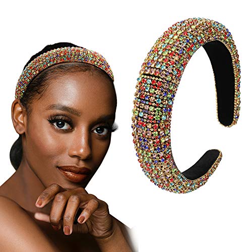 Women Rhinestones Diamond Hairhoop Headbands Girls Fashion Padded Wide Hair Band Hair Accessories (Rainbow)