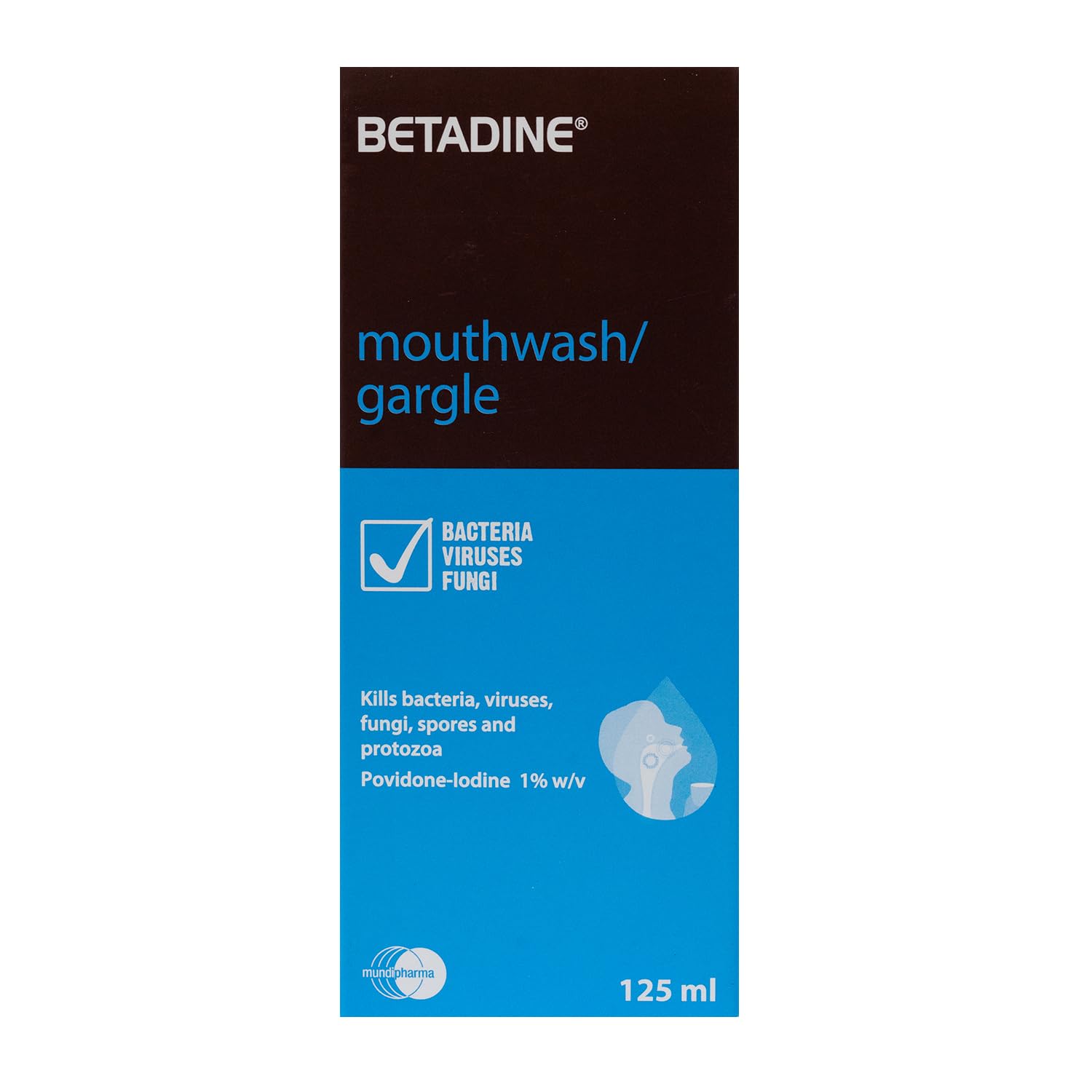 Betadine Mouthwash / Gargle 125ml, Povidone-Iodine Antiseptic Mouthwash for Oral Hygiene, Compact Bottle for the Mouth & Throat - Dilute & Use as Directed