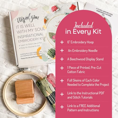 Image of Elly & Grace Christian Embroidery Kit with Embroidery Hoop, Easy Embroidery Kit for Beginners and Adults, Full Embroidery Hoop Kit with Needles and Thread Included (It is Well)