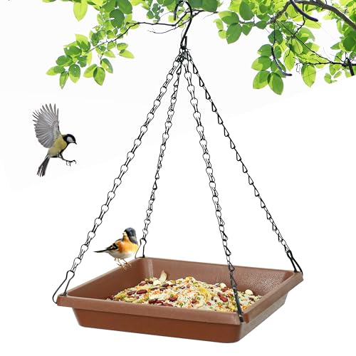 Large Hanging Bird Feeder Tray Platform Spacious Birds Feeder with Mesh Tray Sturdy and Drainage Bird Feeder for Bluebirds Cardinals Goldfinches (10.6 inch Brown)