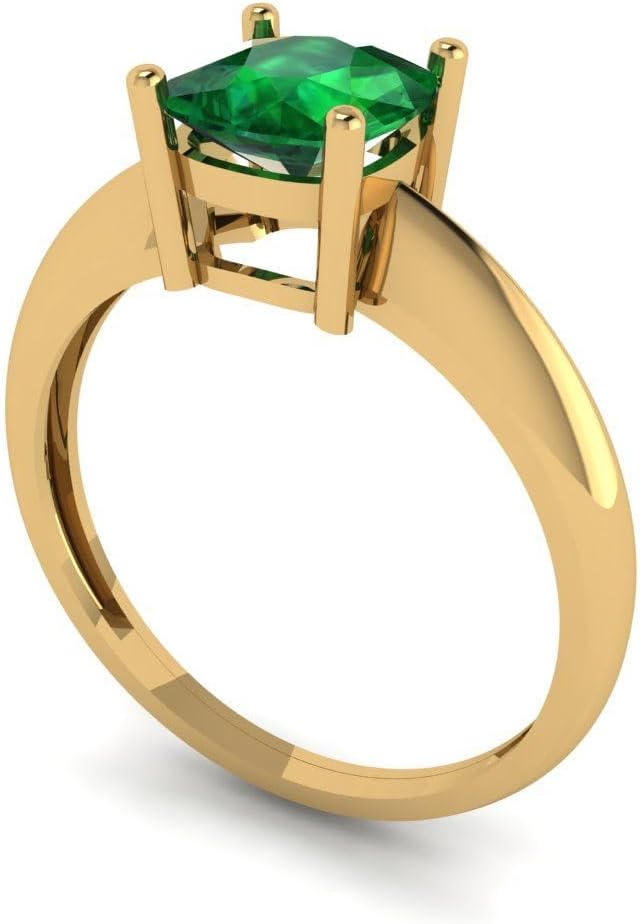 Clara Pucci 14K Solid Gold Ring for Women - 1.5 cttw Cushion Cut Simulated Emerald Yellow Gold Solitaire Anniversary Bridal Ring