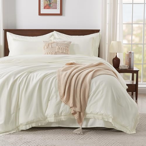 Image of Andency Oversized King Comforter Set Ivory 120x98-7 Pieces Boho Tassel Bed in a Bag Soft Lightweight Bedding Sets, Fringe All Season Bed Set with Comforter, Sheets, Pillowcases & Shams