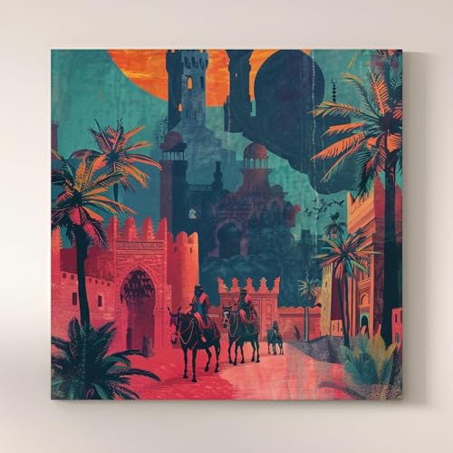 Image of Royal Desert City Stretched Canvas Wall Art Painting for Living Room | Vintage Arabian Landscape Artwork Painting with | Ethnic Decorative Wall Decor for Home & Office