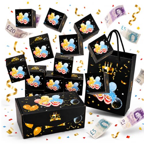 Happy Birthday Surprise Explosion for Money 12 Pcs Pop Up Cash Gift Box Birthday Surprise Explosion Box DIY Novelty Luxury Folding Bouncing Money Boxes for Kids Friends Family (Black Gold)