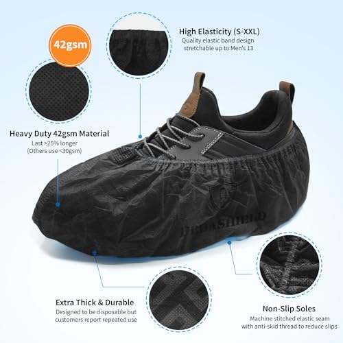 110 Premium Thick Extra Large Disposable Boot & Shoe Covers XL, Non Slip Black Booties, Water Resistant Foot Protectors, Construction Durable 42GSM for Indoors Outdoors, US Men 13, Women 15 - Thumbnail 4