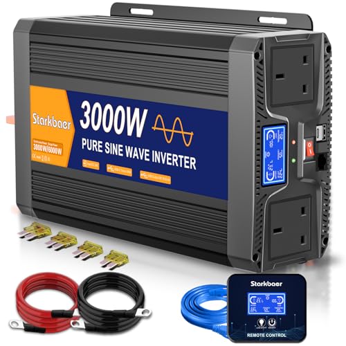 Starkbaer 3000W Pure Sine Wave Inverter 24V to 240V/230V Converter Car Power Inverter with 2 UK G sockets & 2 USB 5m Remote Controller LCD Display for RV Camping Emergency Truck Off-Grid