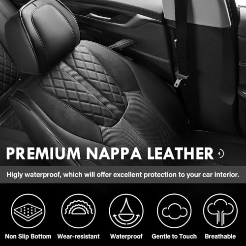 Image of Coverado Leather Car Seat Covers Full Set & Carbon Fiber, Luxury Black Leather Seat Covers, Waterproof and Durable Car Seat Protector, Automotive Seat Covers Universal Fit for Most Cars(Black)