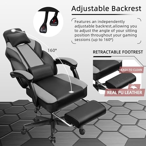 Image of Shintenchi Gaming Chair,Video Game Chair with footrest and Massage Lumbar Support,Height Adjustable Game Chair with 360Swivel Seat Ergonomic Computer Chair with Headrest for Office or Gaming(Grey)