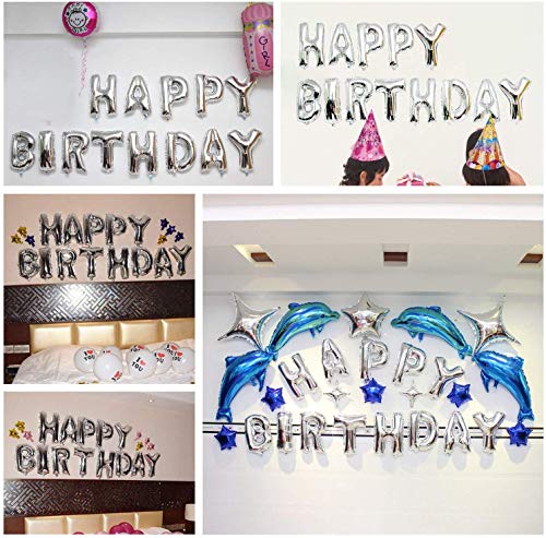 Toniful Silver Happy Birthday Balloons Banner, 16 Inch Mylar Foil Letters Sign Bunting Reusable Ecofriendly Material For Girls Boys Kids & Adults Birthday Decorations Party Supplies #TOP4