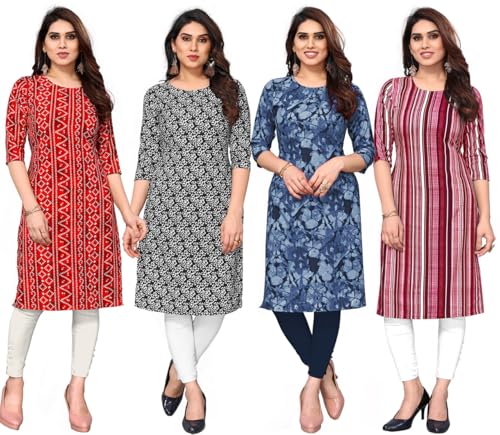 Image of JAKHANA Women's Crepe Printed Casual Straight Calf Length Round Nick Kurta Pack of 4