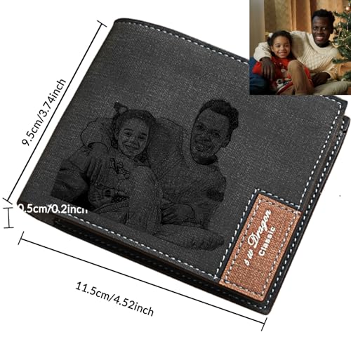 Custom Wallet for Men Personalized Leather Bifold Engraved Photo Picture Name Text Customized Unique Fathers Day Gift for Dad Husband Son Black2