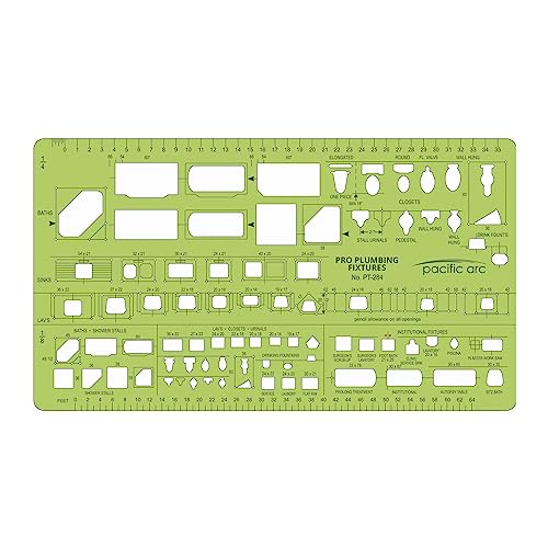 Image of Pacific Arc, Plumbing Fixtures Template, 1 /4 & 1 /8 Scale. Drawing aid Stencil for Professional or School Work. Size 3.5 x 6 inch.