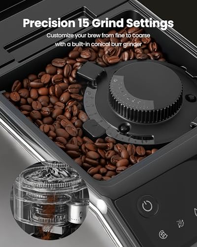 Image of Fully Automatic Espresso Machine, 20 Bar Coffee Maker with Grinder and Milk Frother, Touchscreen Automatic Coffee Machine with 15 Grind Settings, Espresso Maker for Cappuccino, Latte & Americano