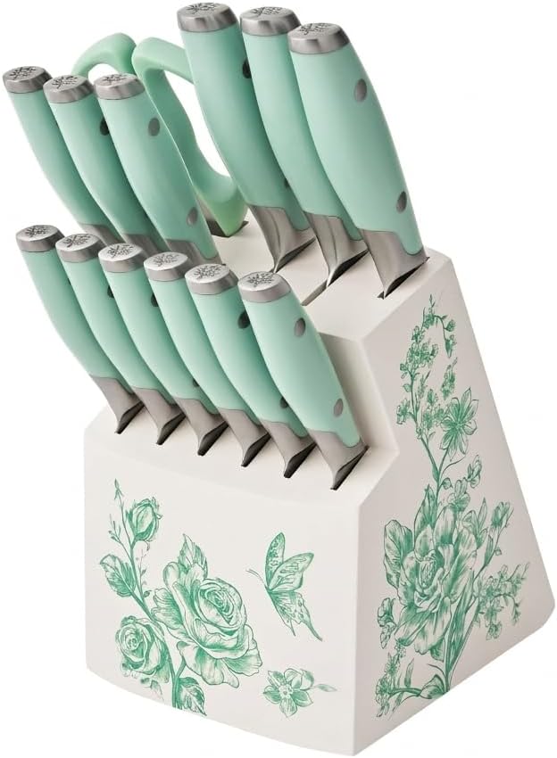14 Pieces Knife Set With Decal Block Stainless Steel Knives, Forged, Green Agatha - Designed For Handling A Wide Range Of Everyday Food And Prep Tasks, Included Wooden Knife Block Makes Storage Easy