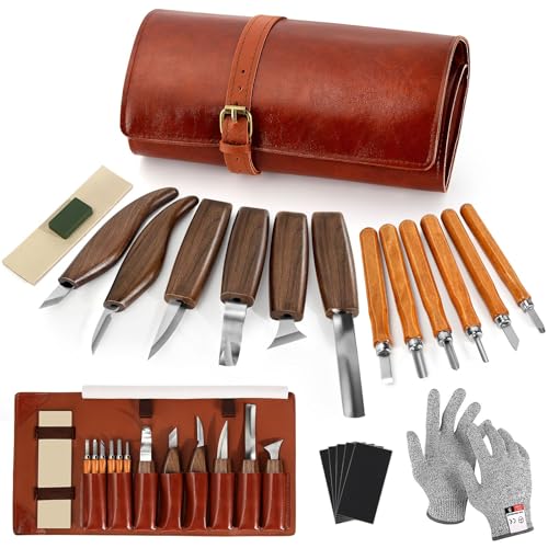 Lot de 17 couteaux pour sculpture sur bois, outils pour sculpture sur bois, avec étui, sécurité gants, pierre de polissage, aiguisage, outils de sculpture sur bois...