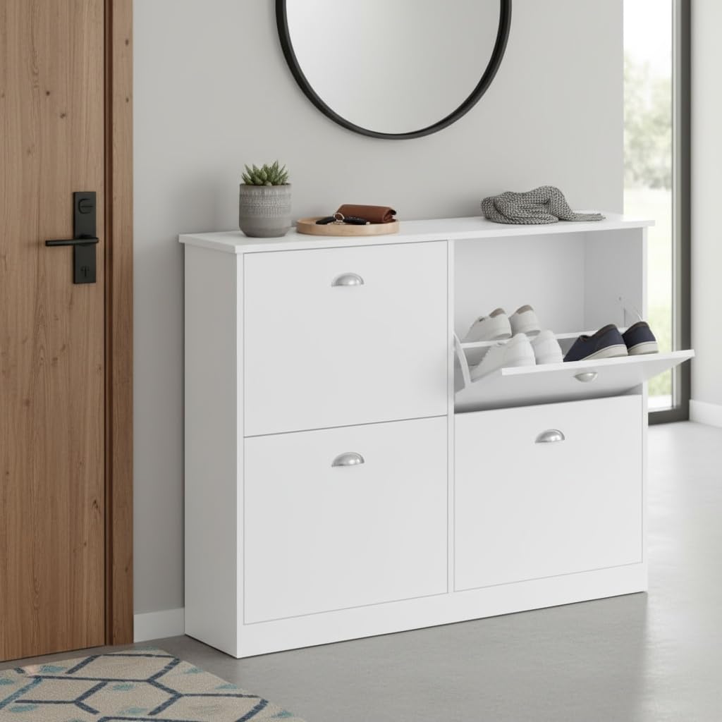 SYMCAVE Super Slim Shoe Cabinet with 4 Flip Drawers with Adjustable Shelf & Anti-Tipping,Hidden Shoe Organizer for Entryway,Space-Saving (White)