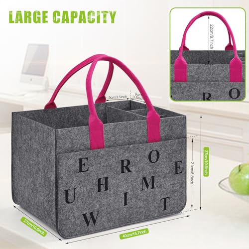 Eurhomewit Filz Einkaufskörbe Filztasche Einkaufstasche mit Fächern, Filztasche Groß 30L Faltbar Robust Flaschentasche Kaminholztasche Kleiderkorb Spielzeugtasche (Mittelgrau + Magenta/1 Stück)