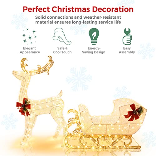 COSTWAY Light Up Reindeer Sleigh, Garden Christmas Figure Decorations with 100/215/280 Warm White LED Lights, Pre-Lit Xmas Ornament for Indoor and Outdoor (185 x 50 x 125 cm, with 215 Lights) - Image 3