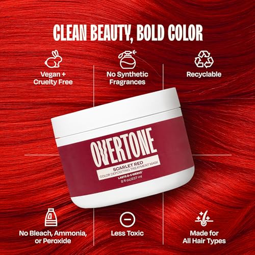 Image of Overtone Semi Permanent Hair Color Conditioner, Scarlet Red, 8 oz, Nourishing, Damage-Free, Color Depositing Mask for All Hair Types with Shea Butter & Coconut Oil, Vegan & Cruelty-Free