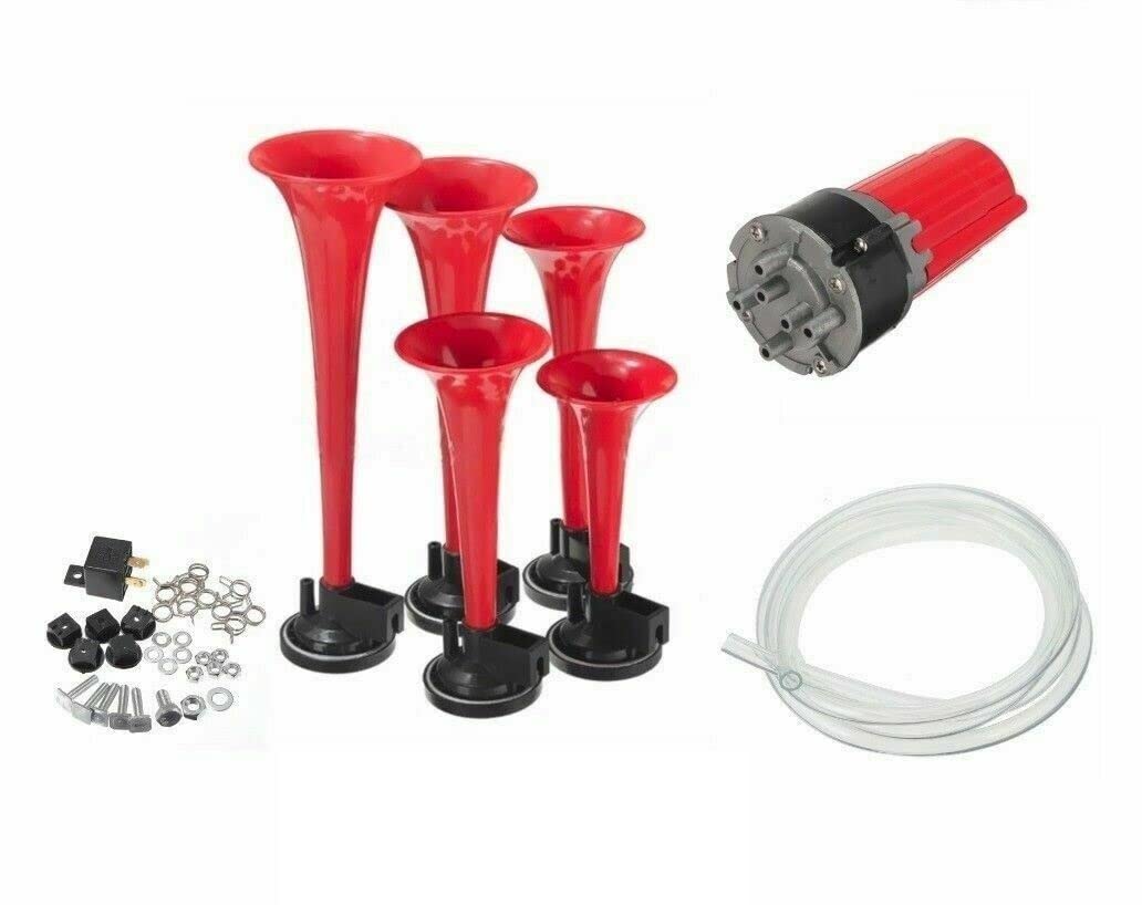 Tromba Pneumatica 5 Toni 'La Cucaracha' 12V Corno Rosso per Tutti i Veicoli Auto Camion Moto Suv Barche Clacson con la Melodia di La Cucaracha