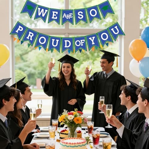 Image of Blue Green We Are So Proud Of You Banner Congrats Grad Cap Bunting Flag Grad Party Decoration Idea